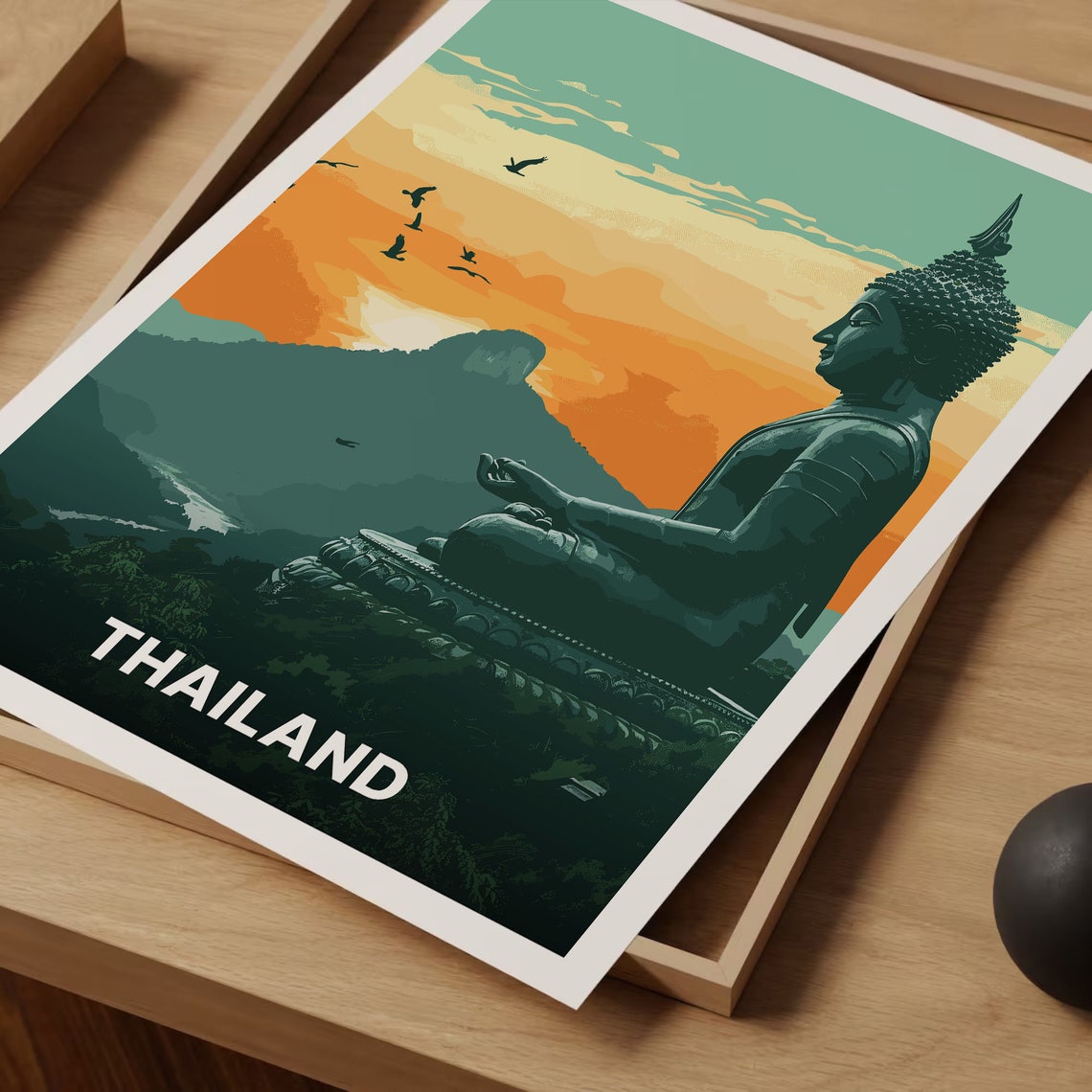 Thailand Travel Poster Meditating Buddha Statue Sunset Mountain Art - Image 3