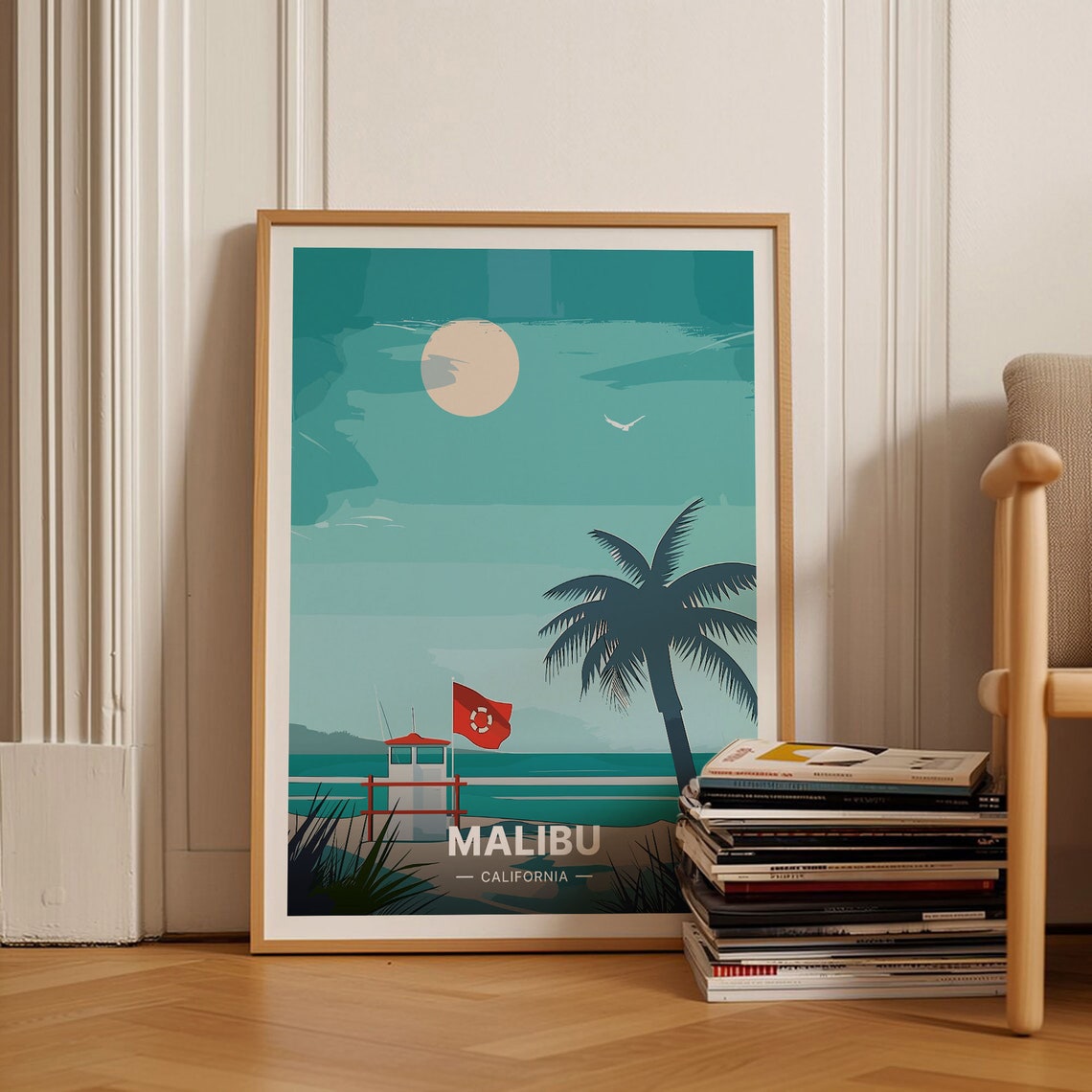 Malibu California Vintage Beach Lifeguard Tower Palm Sunset Poster