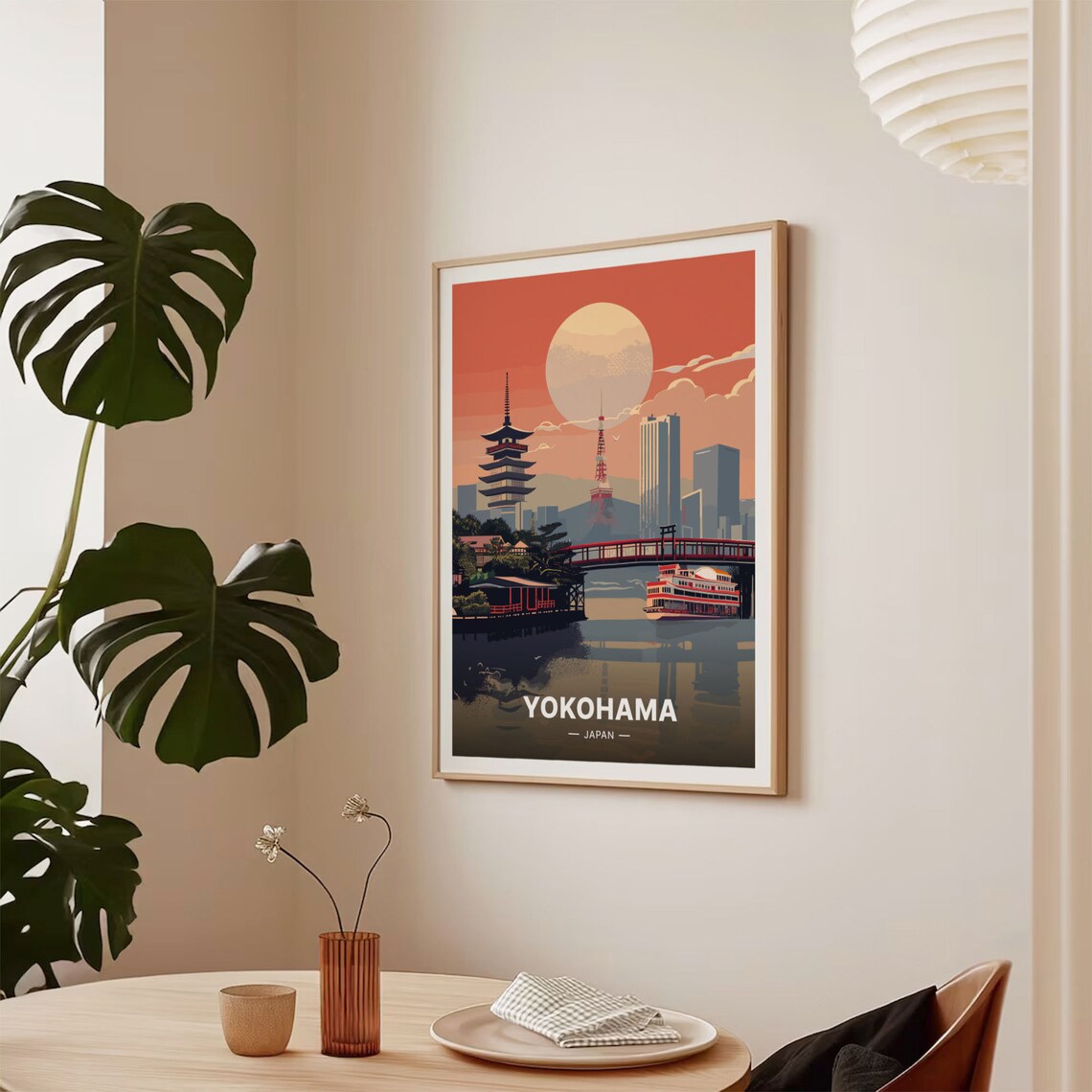 Yokohama Japan Sunset Pagoda Tower Bridge Riverboat Skyline Poster - Image 2