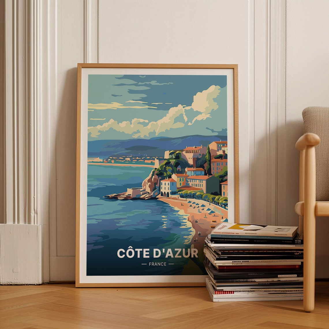 Cote d Azur France Beach Cliffs Seaside Resort Umbrellas Travel Poster
