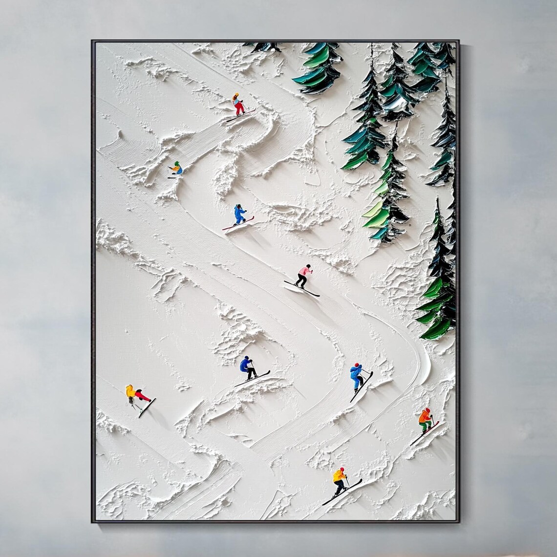Skiers Descending Snowy Slope Pine Trees Aerial Painting Poster