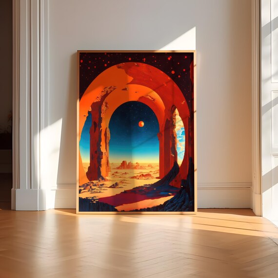 Sci-Fi Red Arches Over Desert Planet Surreal Space Art Poster
