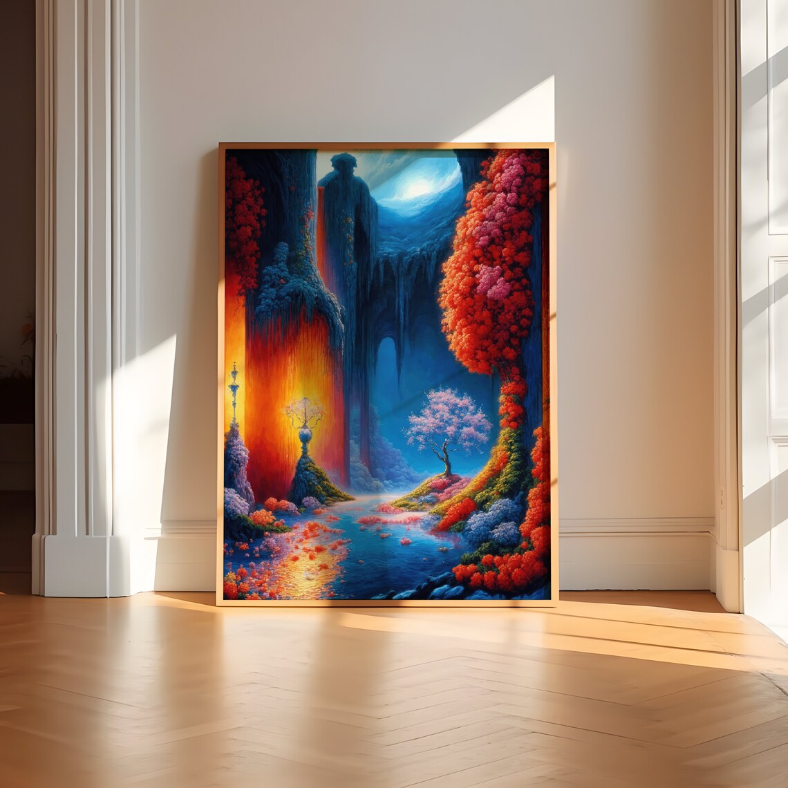 Autumn Surrealist Landscape Red Foliage Blue Grotto Art Poster
