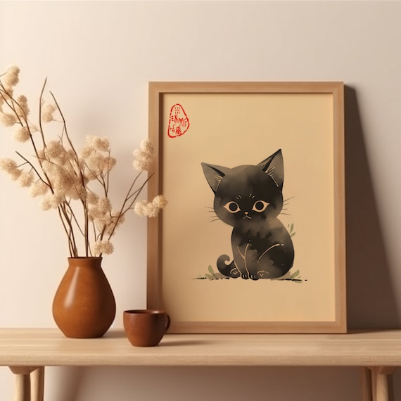 Cute Black Kitten Watercolor Japanese Style Baby Cat Art Poster