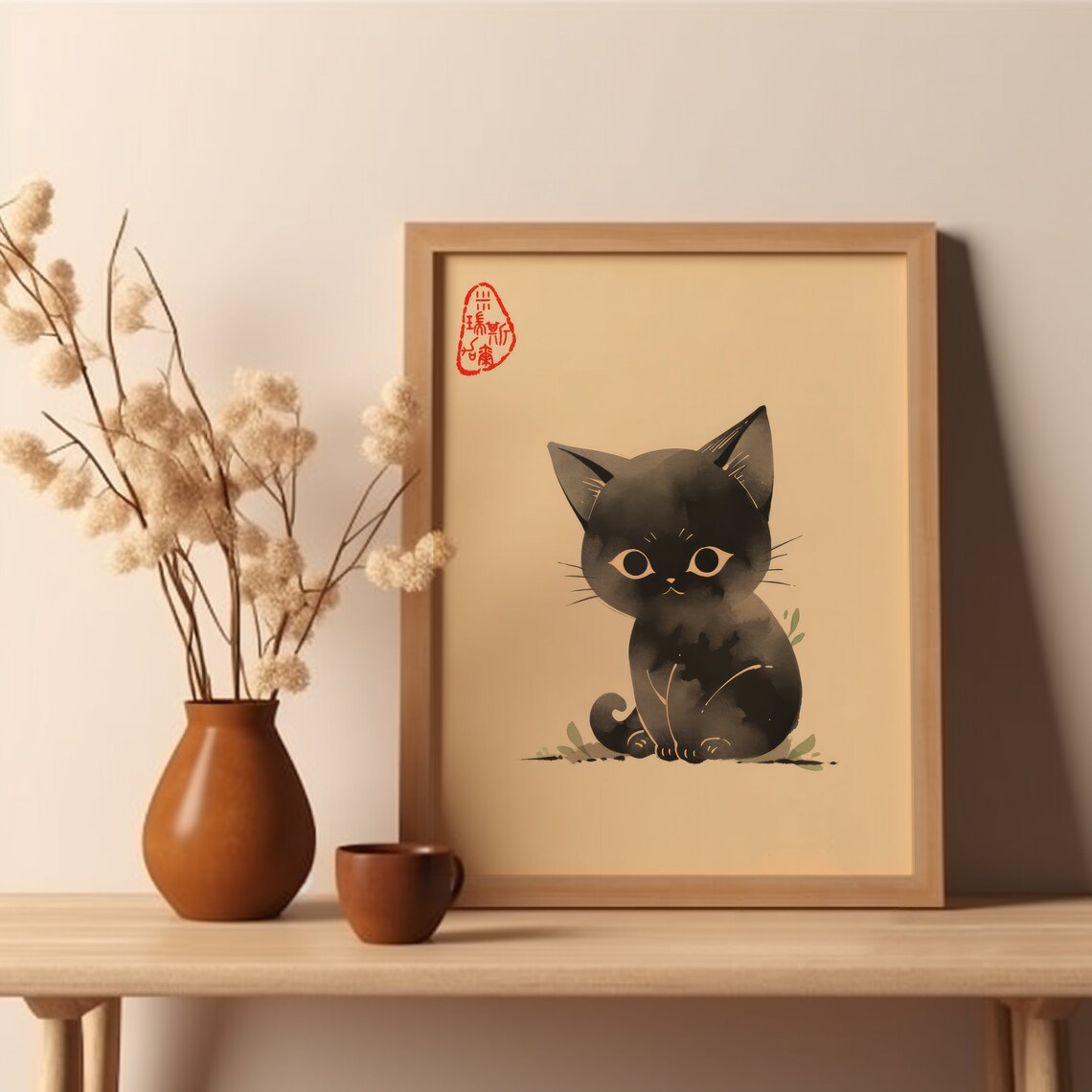 Cute Black Kitten Watercolor Japanese Style Baby Cat Art Poster