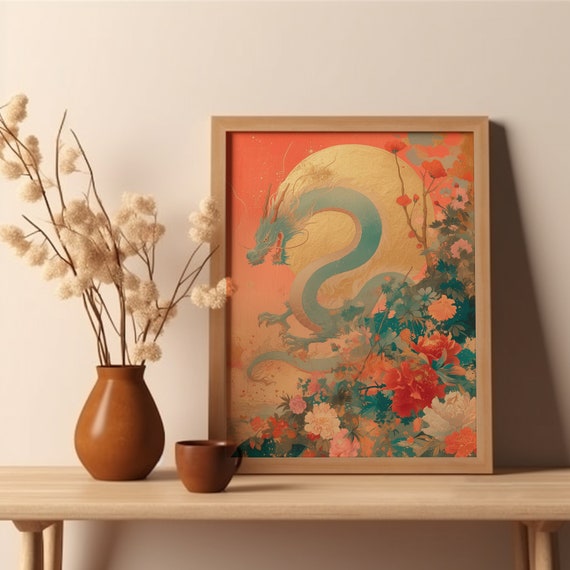 Floral Dragon Poster, Chinese Zodiac Art Print