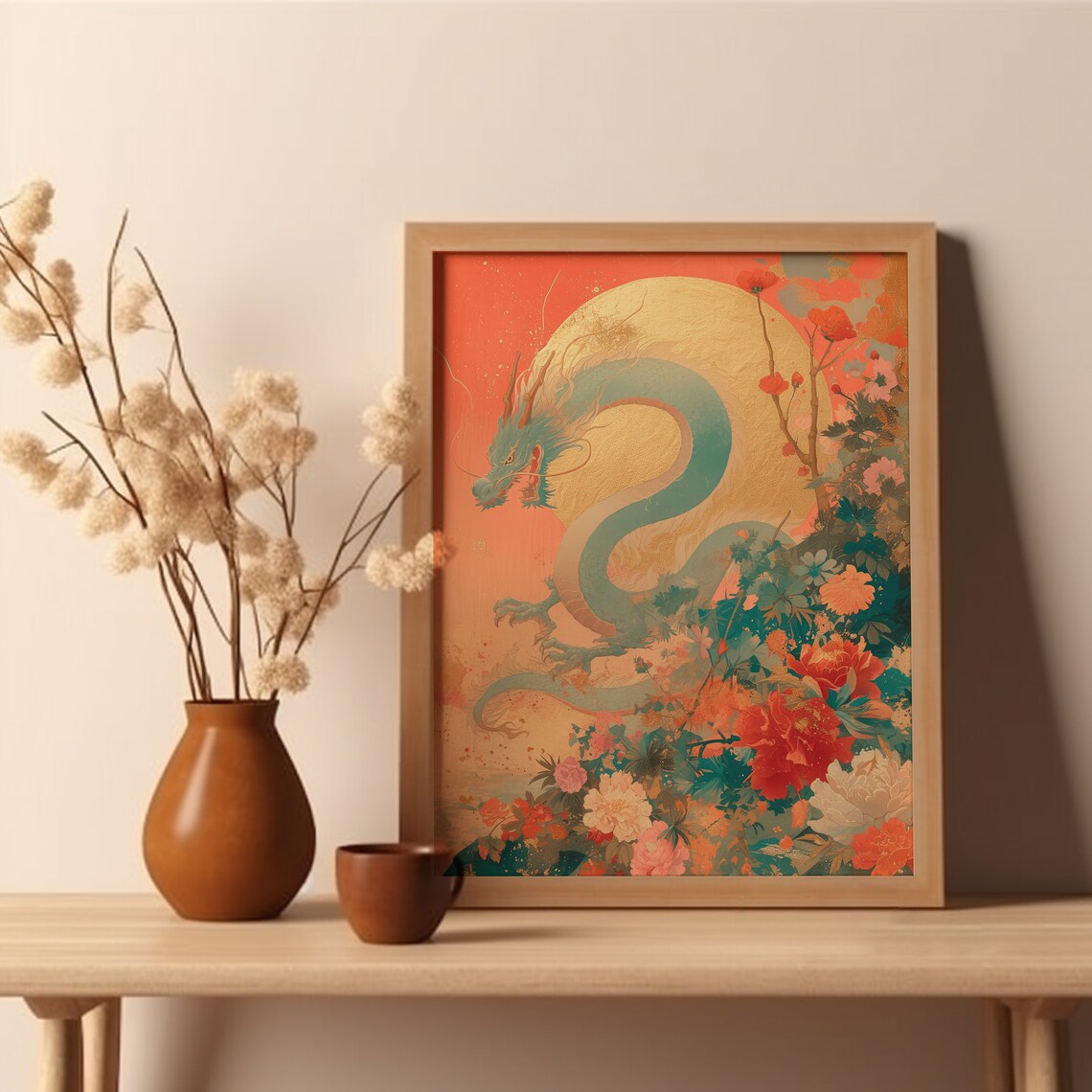 Floral Dragon Poster, Chinese Zodiac Art Print