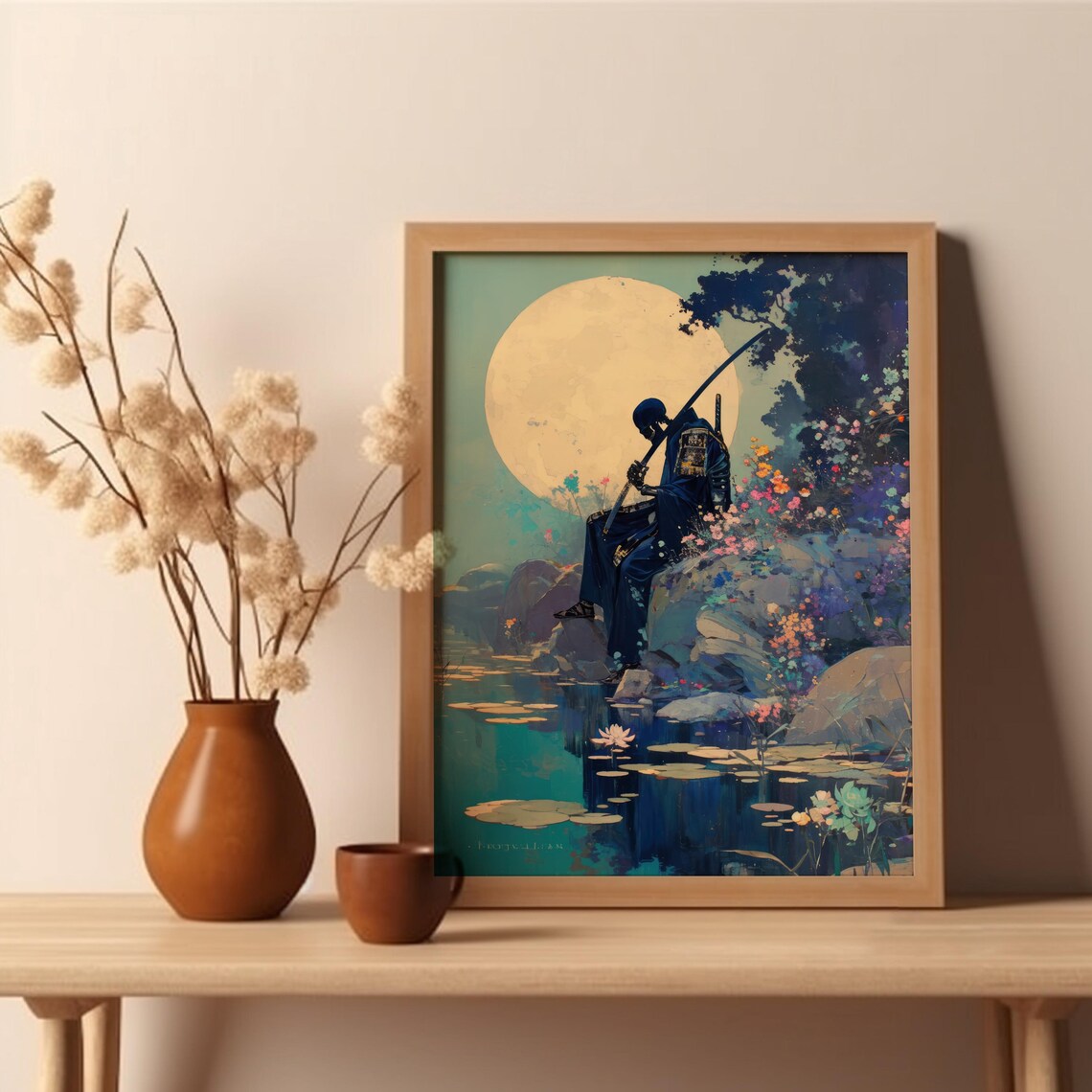 Blue Skeleton Samurai Poster, Japanese Halloween Flowers