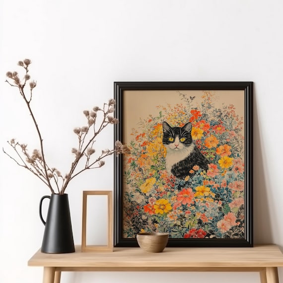 Black and White Cat in Flowers Vintage Botanical Watercolor Poster