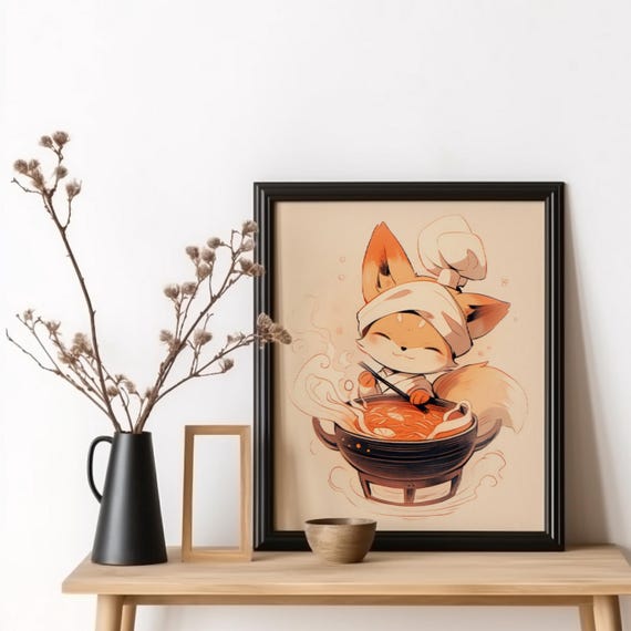 Fox Loves Ramen Japanese Food Poster, Cute Kawaii