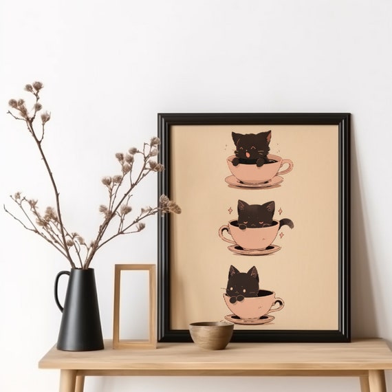 Coffee Cup Cat Japanese Wall Art Poster
