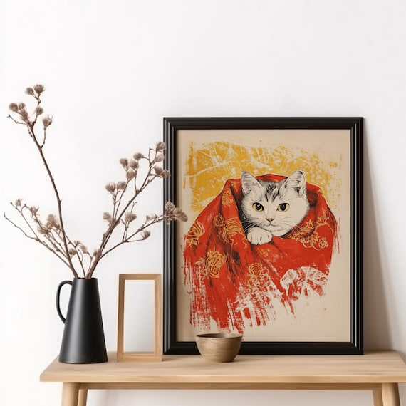 White Kitten Red Gold Patterned Blanket Asian Cat Art Poster