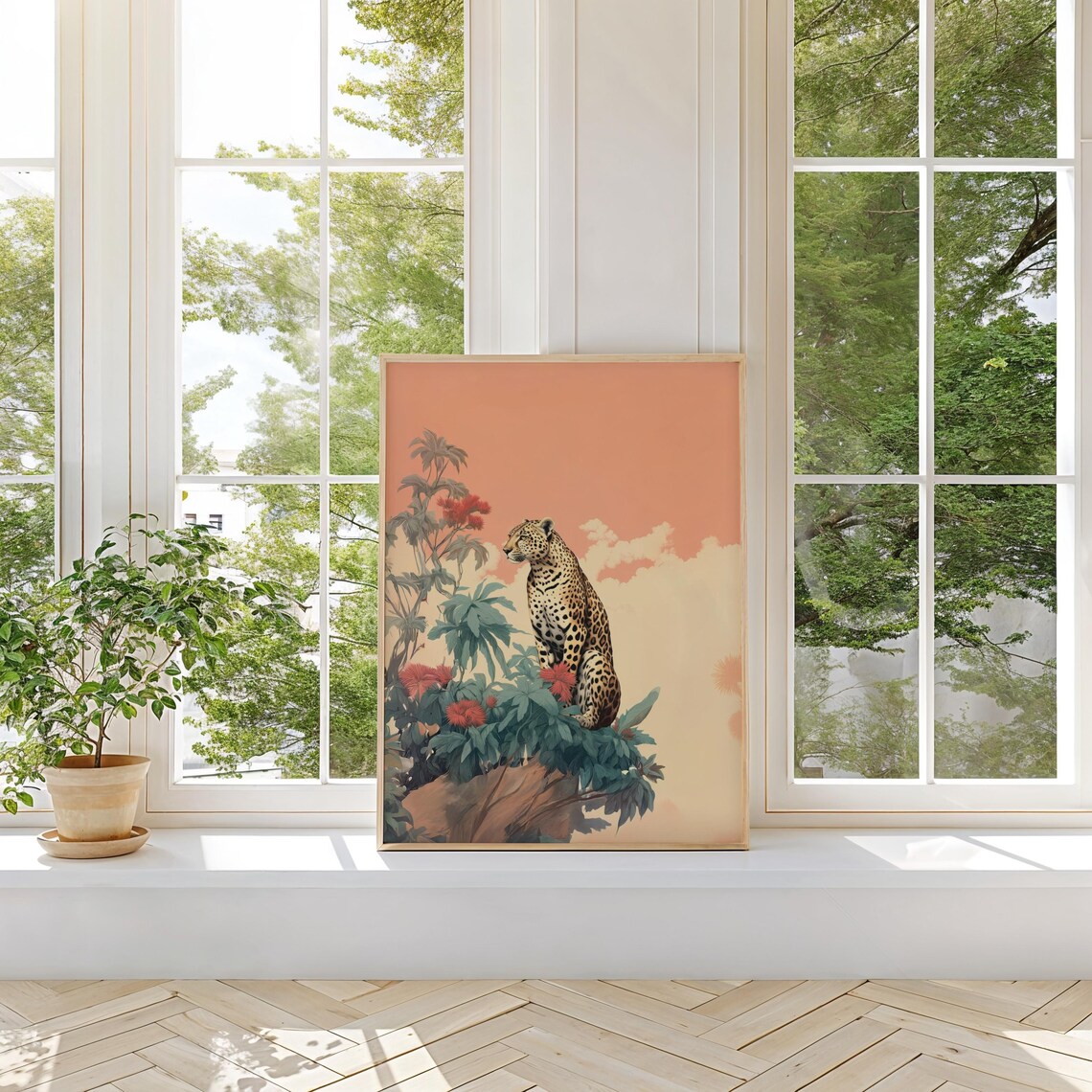 Leopard Perched on Rocks Among Tropical Flowers Terracotta Safari Print - Image 3