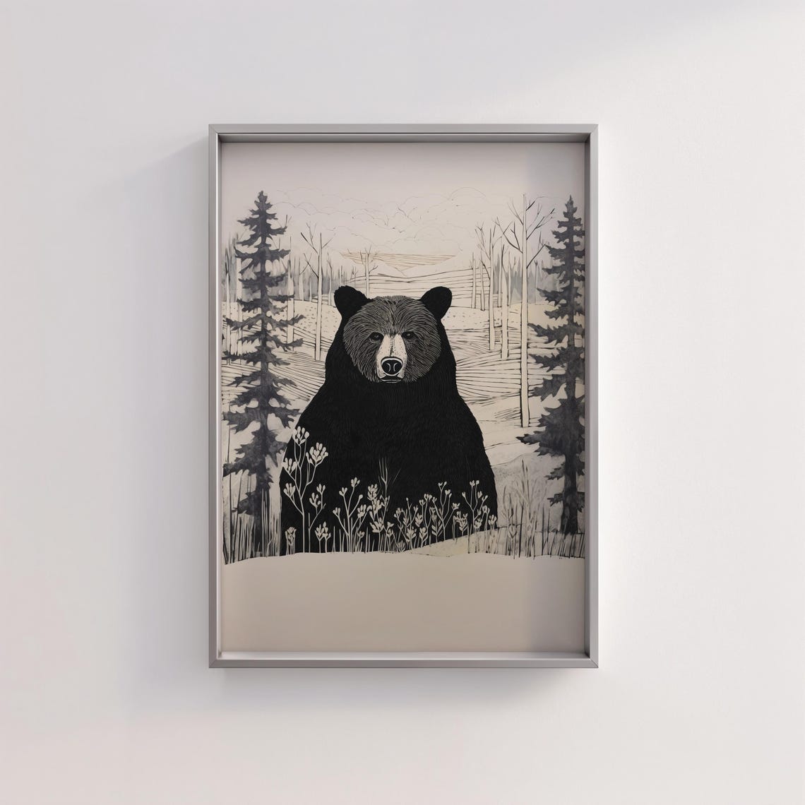 Black Bear in a Monochrome Pine Forest Sketch Wildlife Nursery Poster - Image 2