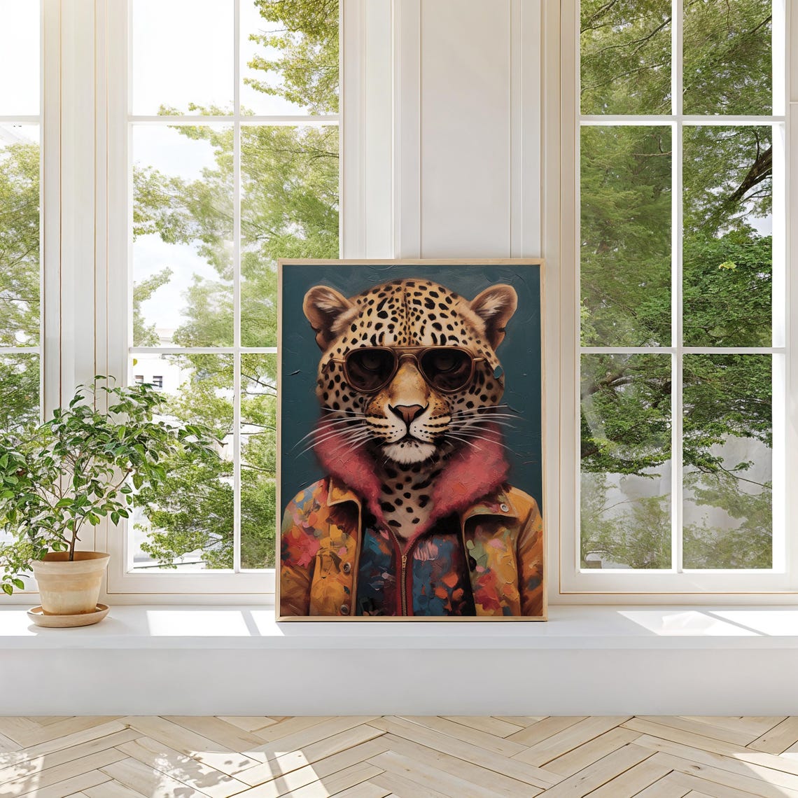 Cool Leopard in Aviator Sunglasses and Retro Jacket Fashion Art Poster - Image 2