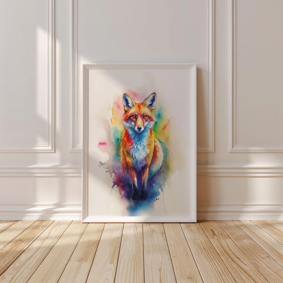 Rainbow Watercolor Fox Portrait With Colorful Paint Splashes Wall Art