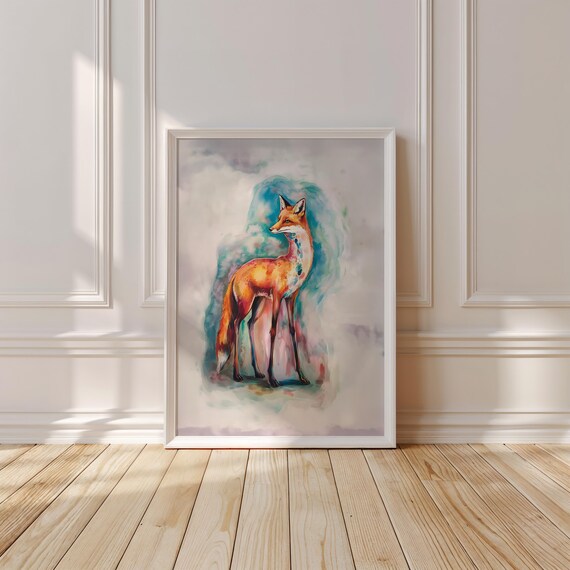 Vibrant Watercolor Fox Portrait Poster with Teal and Coral Washes