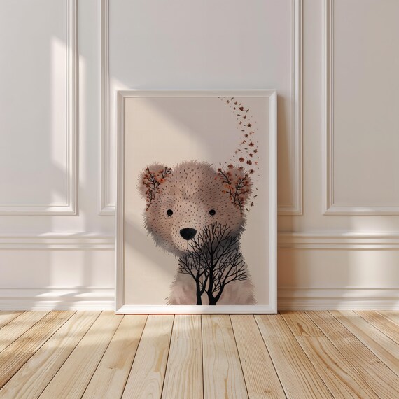 Double Exposure Bear Cub Face Merging Into a Tree Nature Art Poster