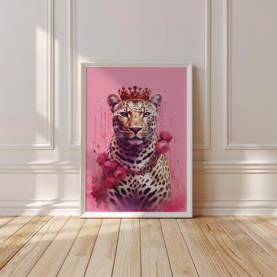 Glamorous Crowned Leopard With Roses on a Hot Pink Bold Art Poster