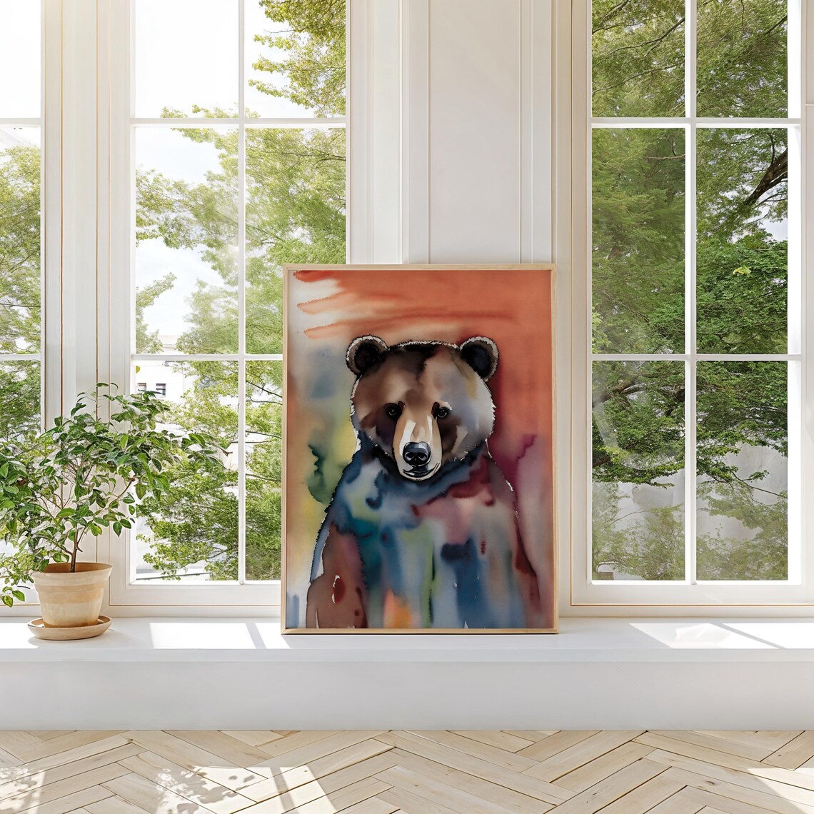 Loose Watercolor Bear Portrait in Rust and Teal Washes Artistic Print - Image 2