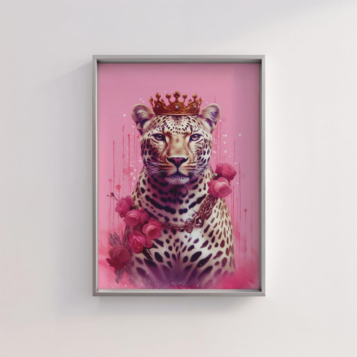 Glamorous Crowned Leopard With Roses on a Hot Pink Bold Art Poster - Image 3