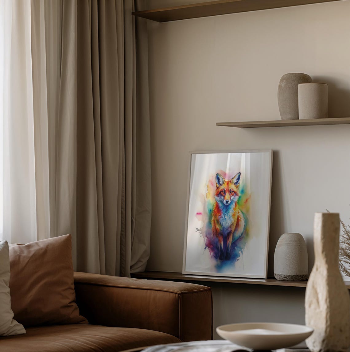 Rainbow Watercolor Fox Portrait With Colorful Paint Splashes Wall Art - Image 2
