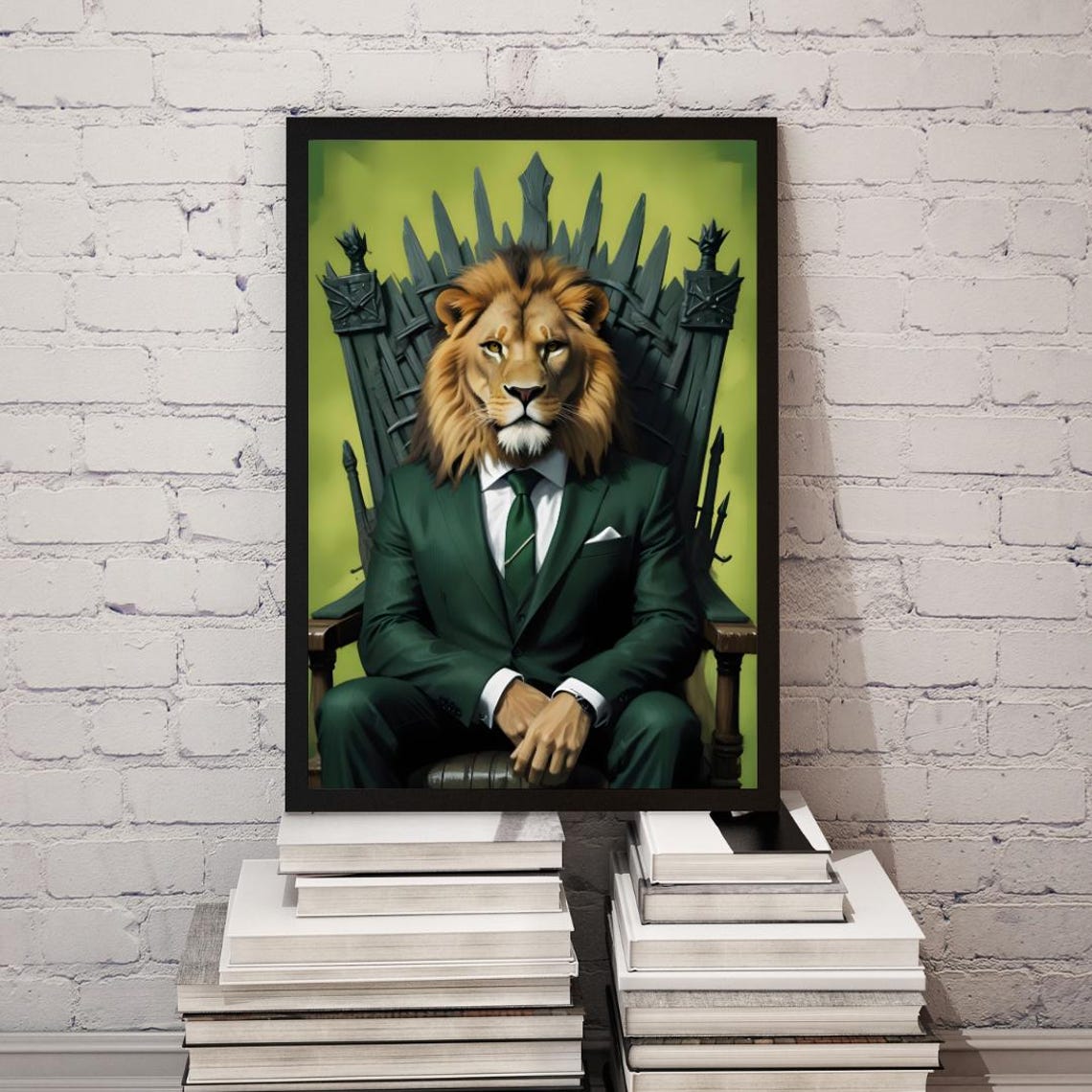 Majestic Lion in Green Suit, Modern Art Print - Image 3