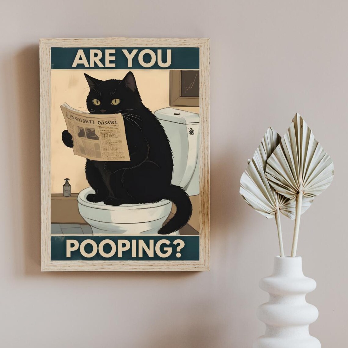Funny Black Cat Reading Newspaper on Toilet Retro Humor Poster - Image 2