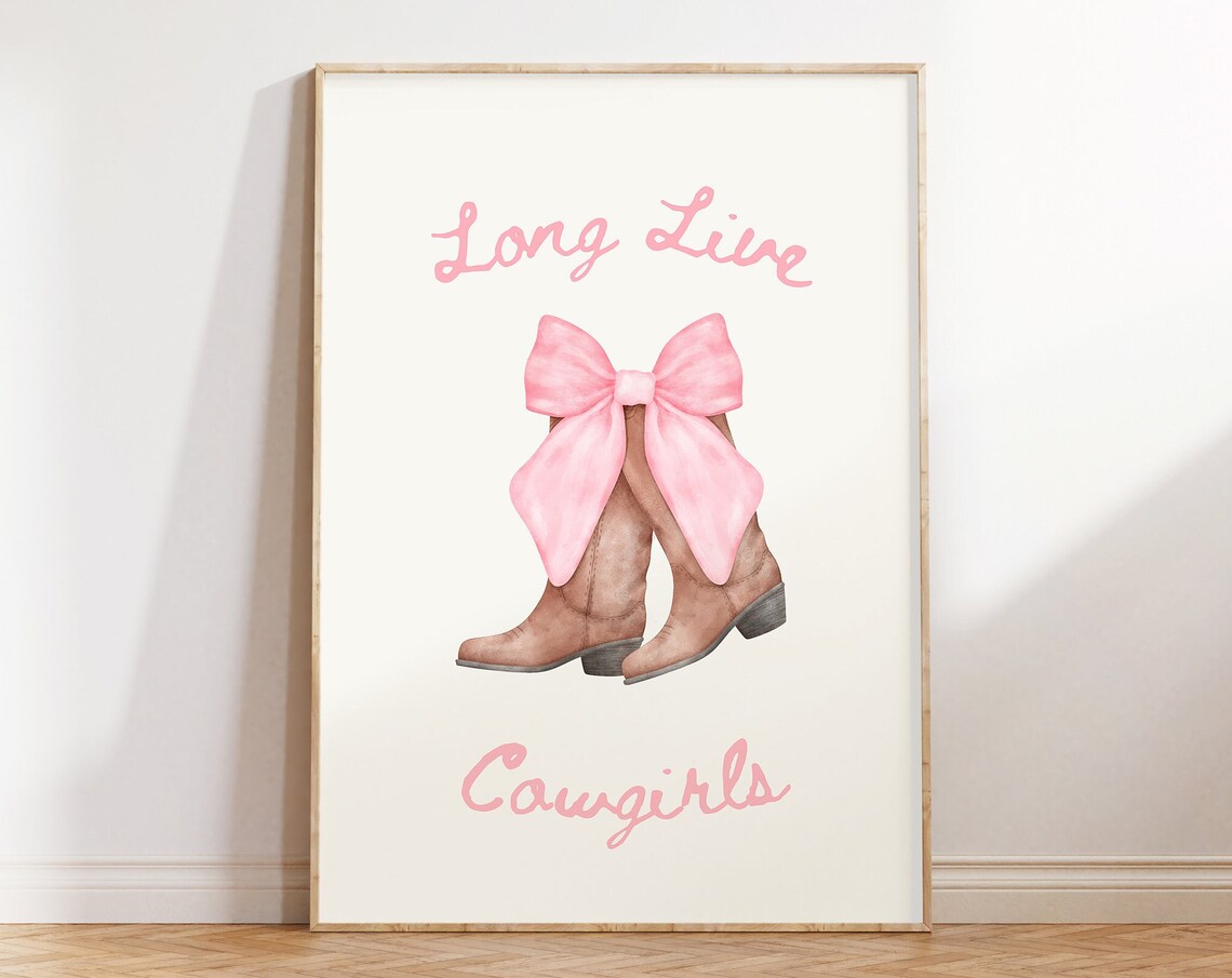 Long Live Cowgirls Pink Bow Cowboy Boots Western Watercolor Poster