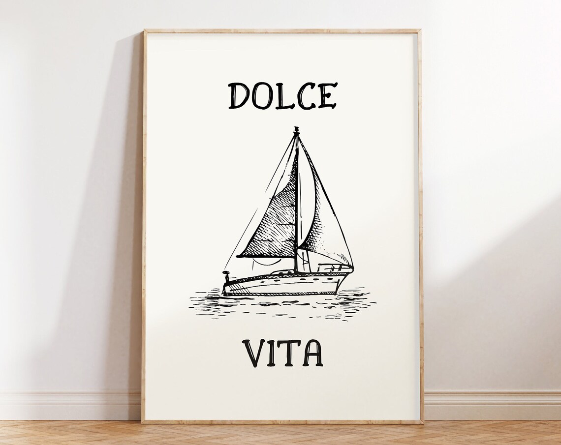 Dolce Vita Sailboat Sketch Black Line Art Coastal Lake House Poster