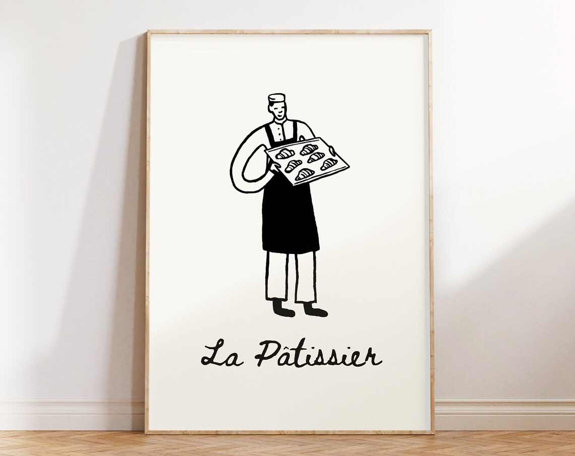 La Patissier French Chef With Croissants Black Line Kitchen Poster
