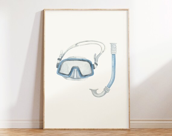 Watercolor Blue Snorkel Mask and Snorkel Fresh Coastal Beach Art Poster