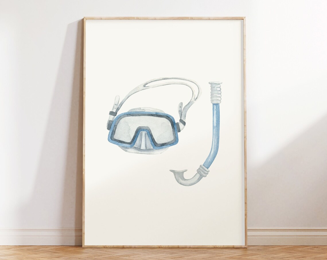 Watercolor Blue Snorkel Mask and Snorkel Fresh Coastal Beach Art Poster