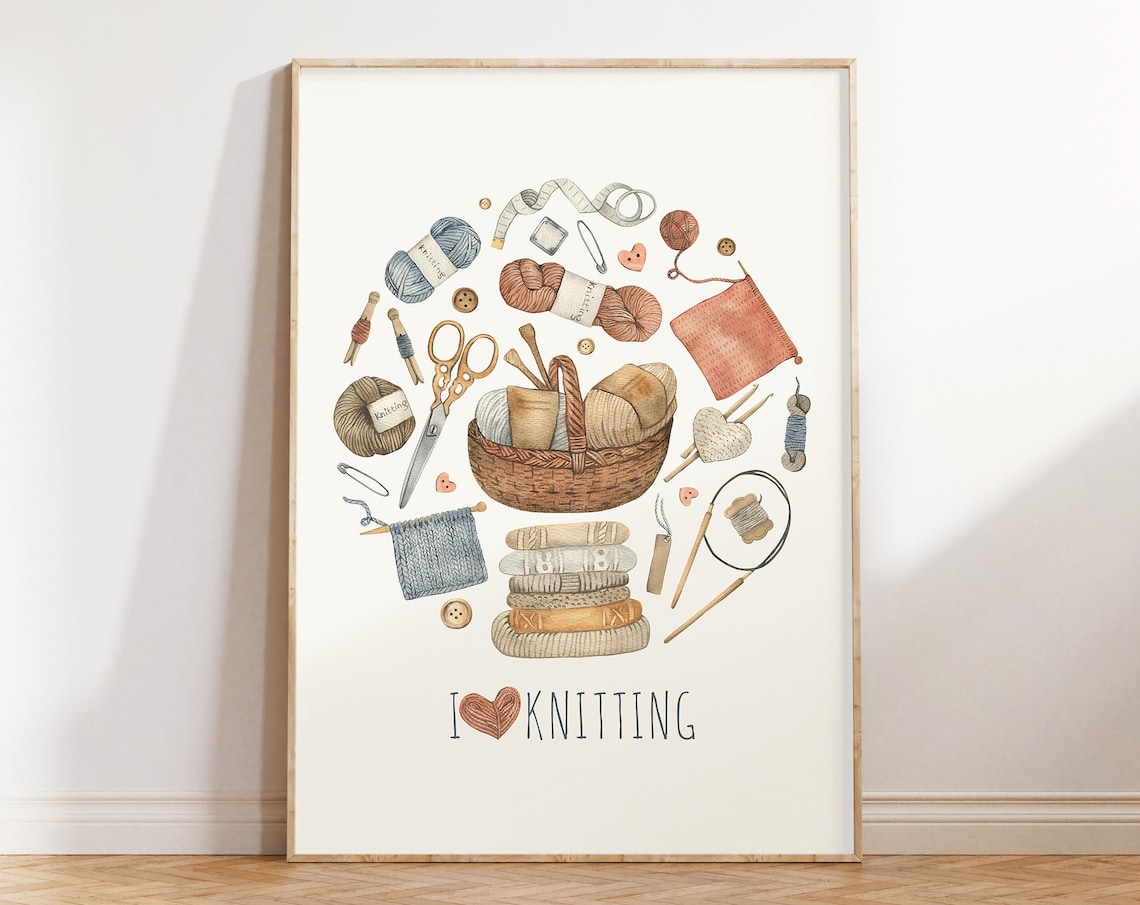 Minimalist Knitting Art Print, Craft Room Decor
