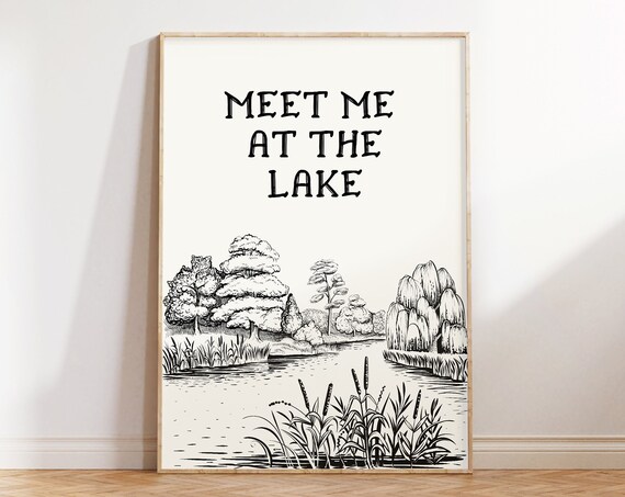 Meet Me At The Lake Vintage Line Art Trees Lake House Cabin Poster