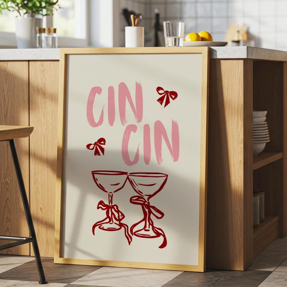 Cin Cin Champagne Coupe Bows Bar Cart Retro Cocktail Party Print