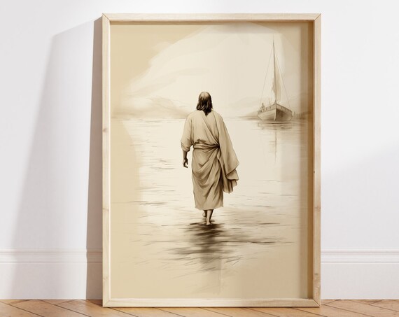 Jesus Walking on Water Sepia Sketch Sailboat Serene Faith Poster