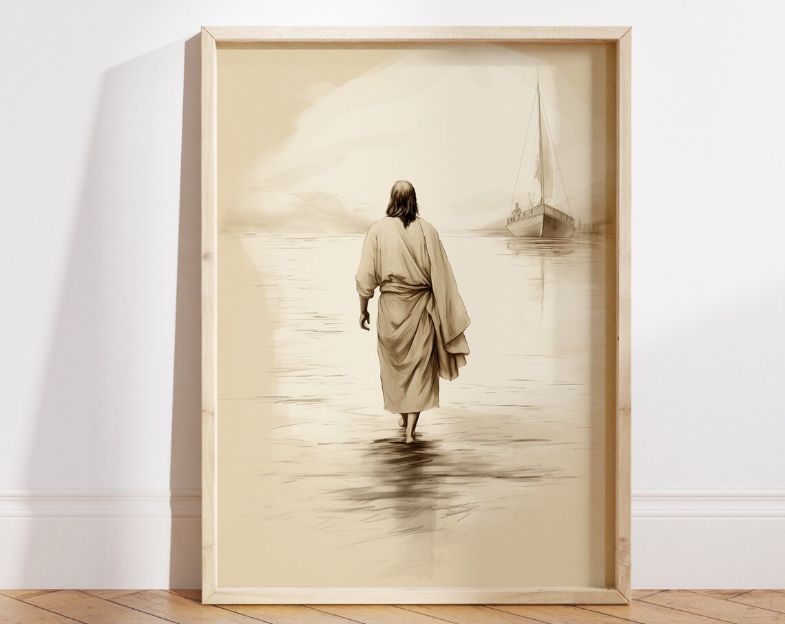 Jesus Walking on Water Sepia Sketch Sailboat Serene Faith Poster