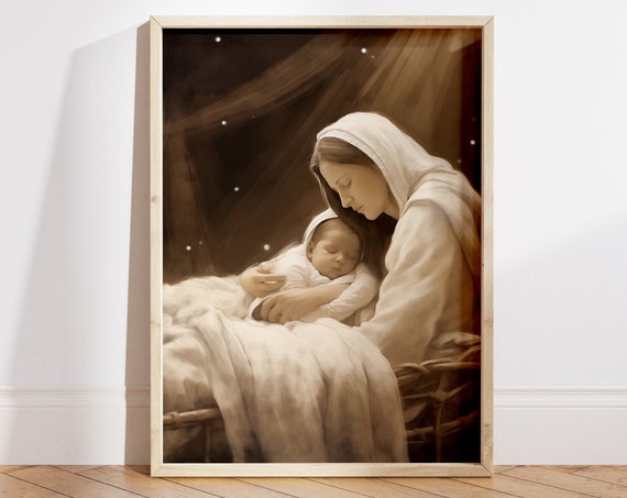 Mary And A Baby In A Crib Poster Birth Of Jesus Wall Art Nursery Wall Decor Church Wall Art Christian Gift Idea File