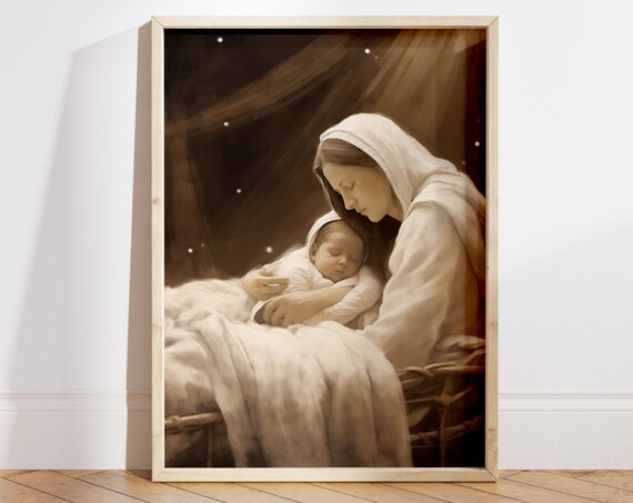 Mary Cradling Baby Jesus Warm Sepia Night Nativity Art Poster