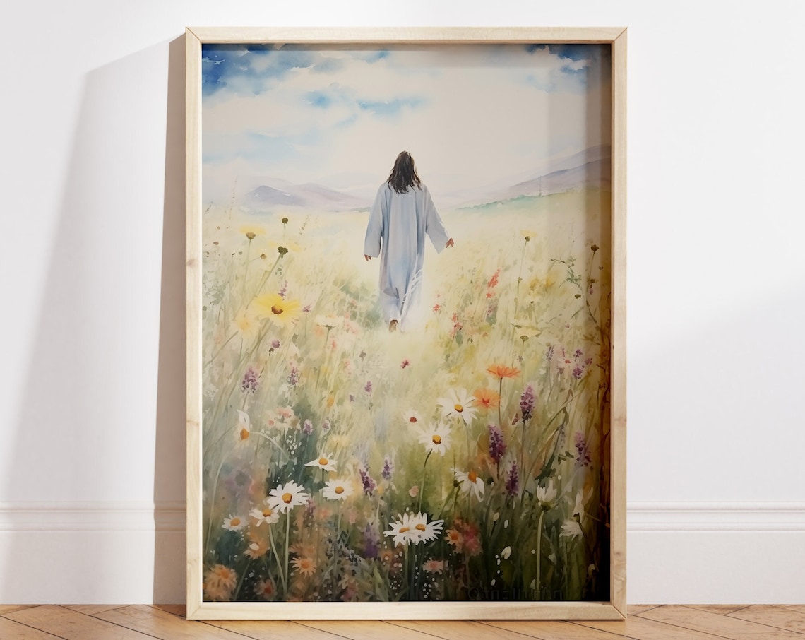 Jesus Christ Walking in a Field Watercolor Art Print