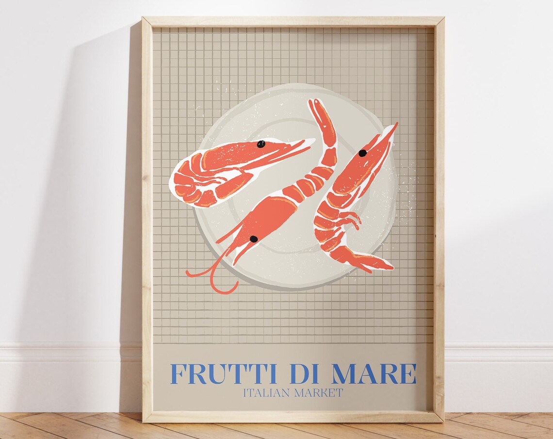 Frutti Di Mare Italian Market Shrimp Plate Illustration Food Poster