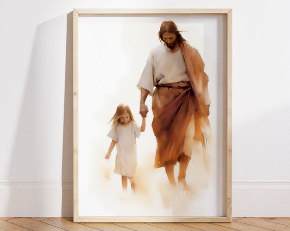 Jesus Christ Walking With A Girl Art Print Bible Art Christian Wall Art Religious Wall Art Nursery Wall Art Home Decor File