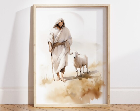 Jesus the Good Shepherd and Lamb Watercolor Christian Faith Poster