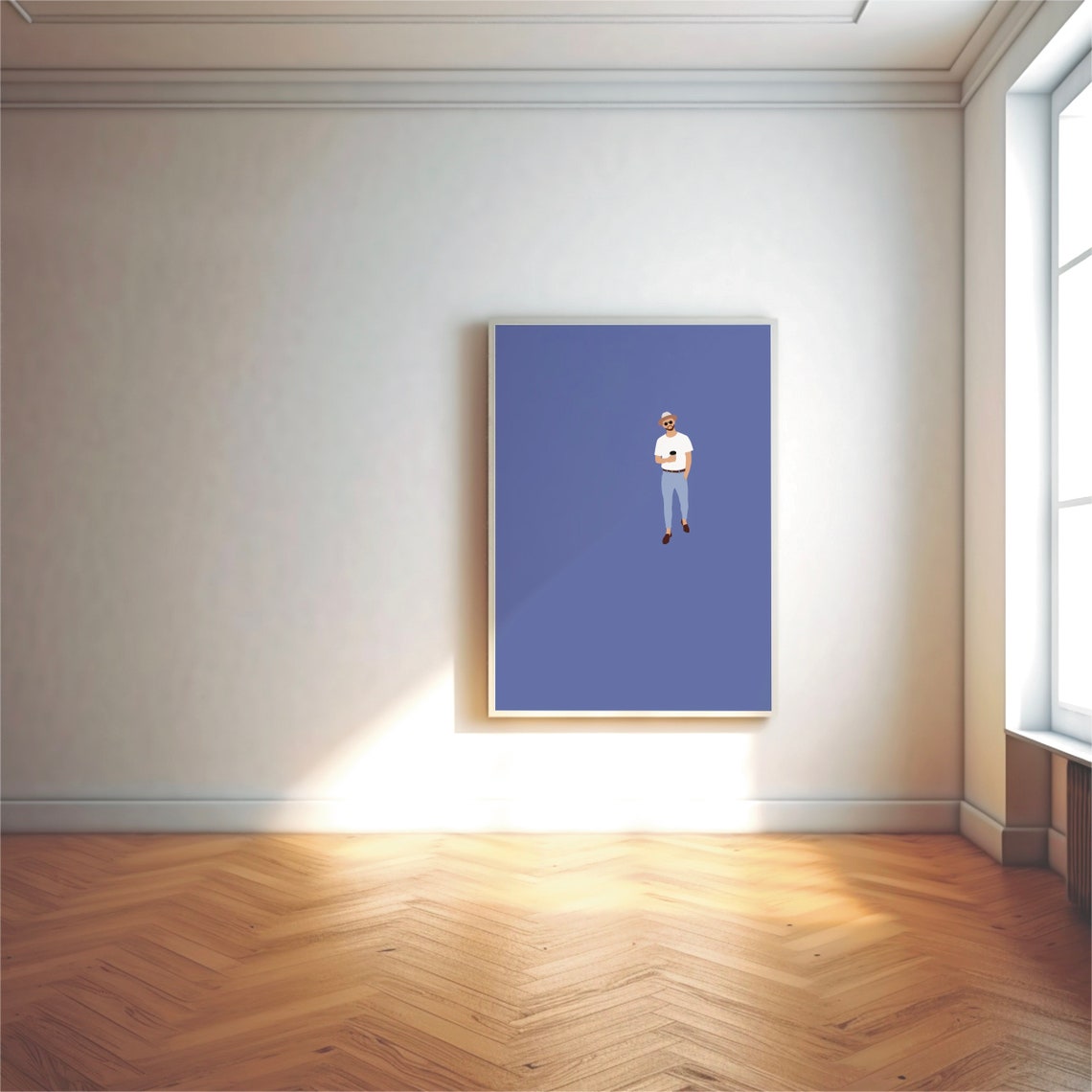 Stylish Man with Coffee Minimal Figure on Periwinkle Blue Art Poster - Image 2