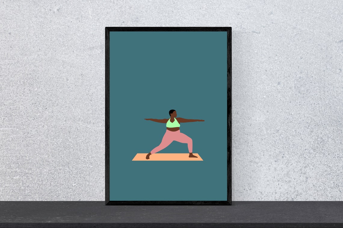Yoga Warrior Pose Woman Teal Illustration Fitness Art Poster - Image 2