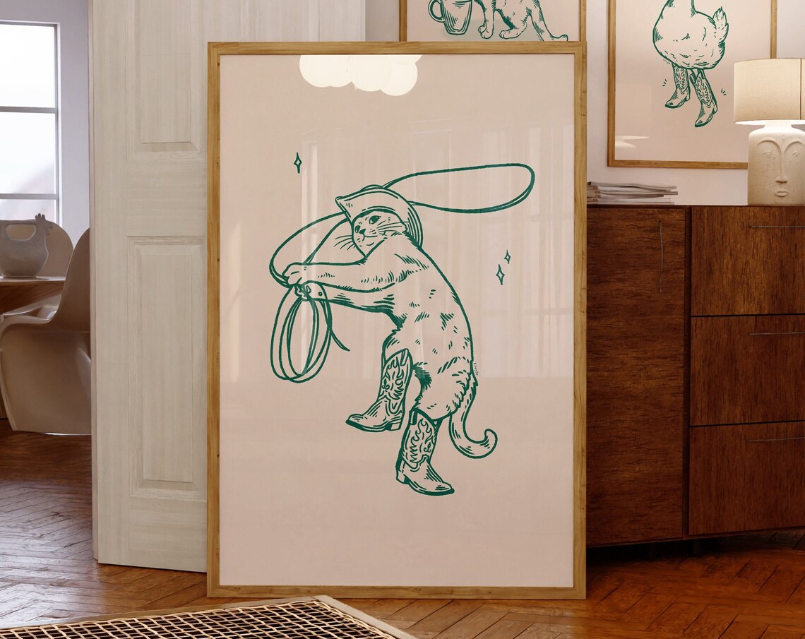 Cowboy Cat Green Vintage Western Art Print