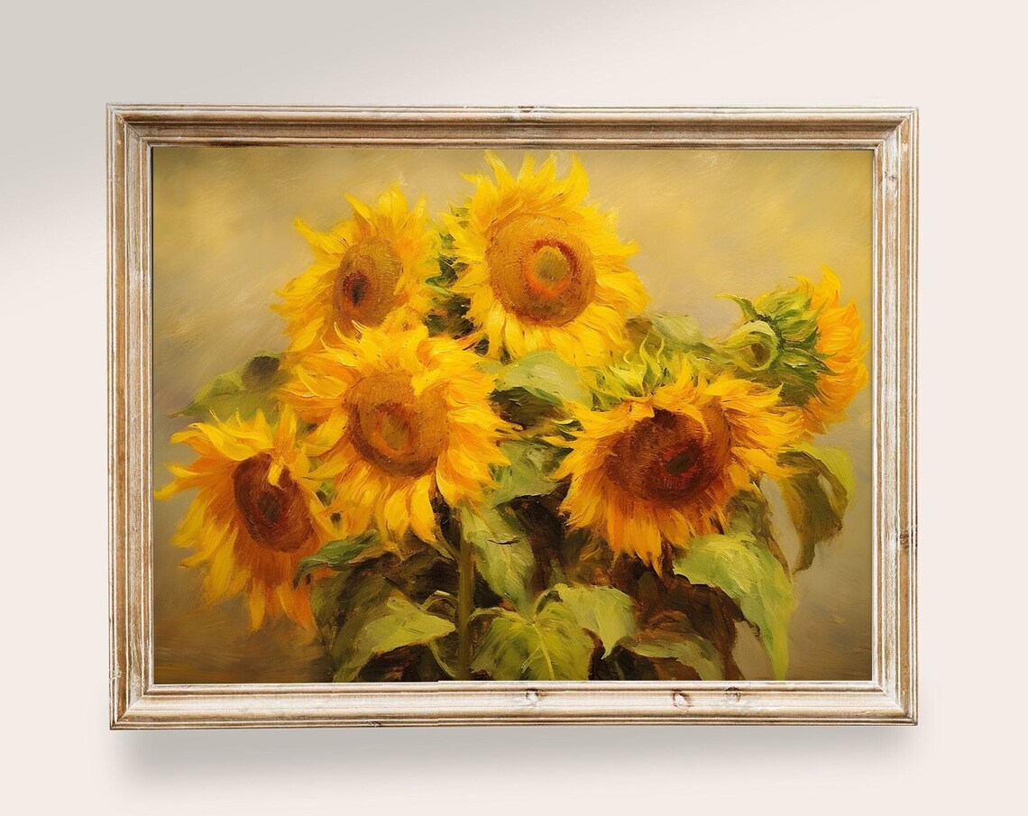 Golden Sunflowers Bouquet Vintage Oil Painting Farmhouse Floral Print