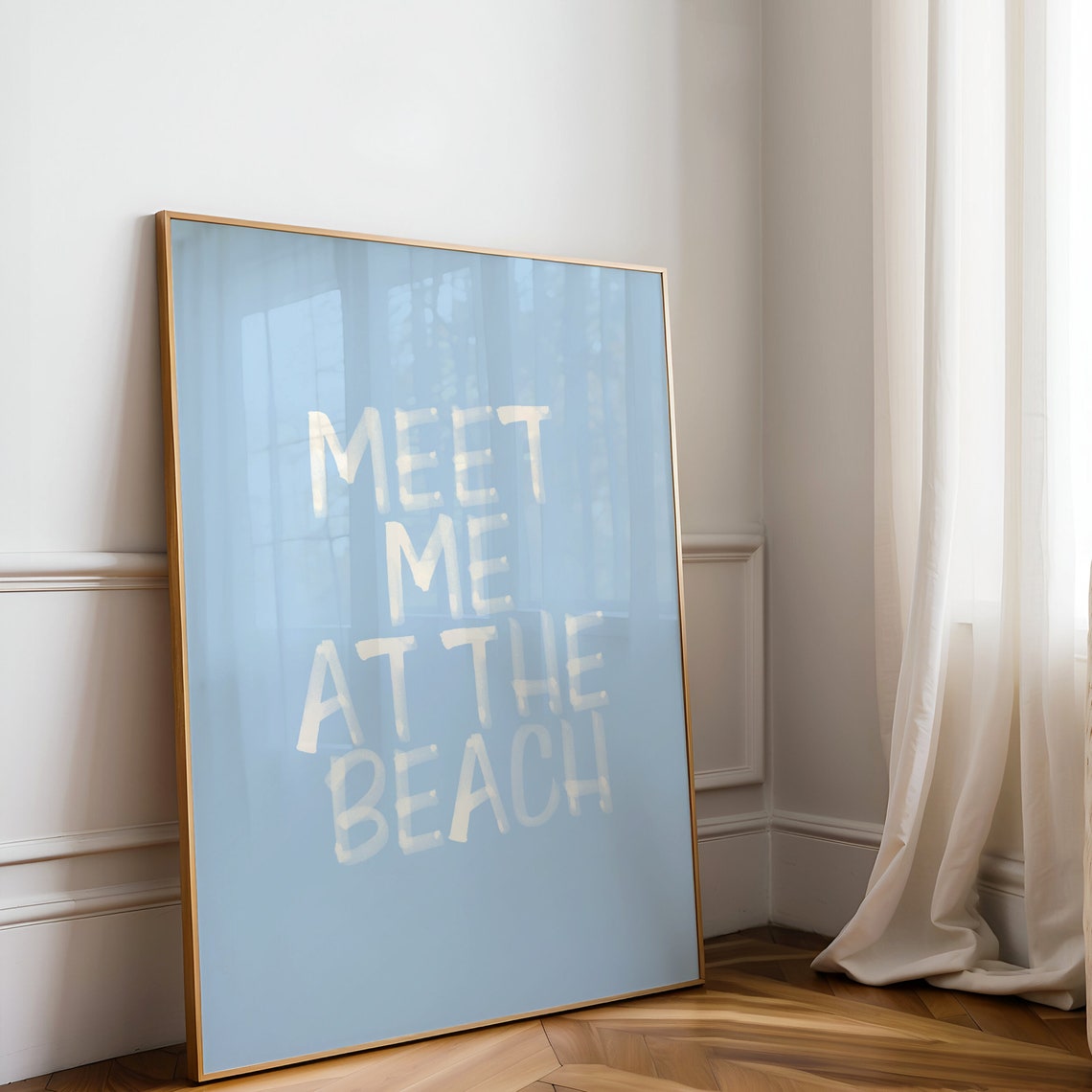 Meet Me At The Beach White Brush Script Coastal Blue Art Poster