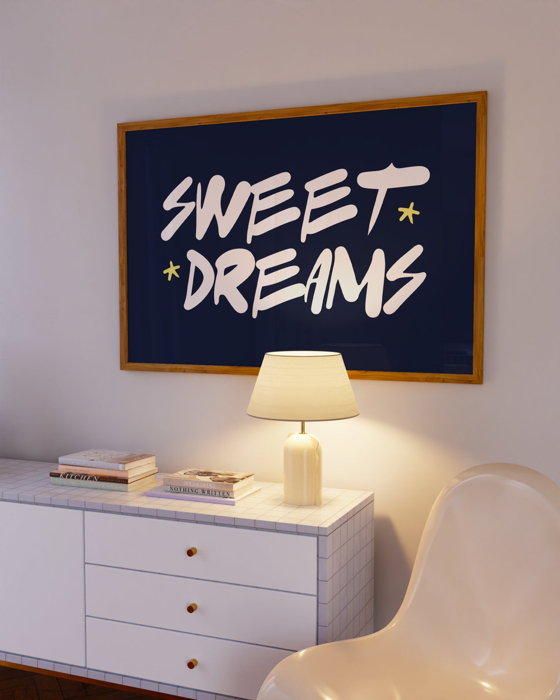 Sweet Dreams Navy White Brush Script Starry Night Art Poster - Image 2